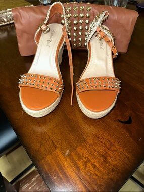 Studded Orange Espadrille Wedge Sandals